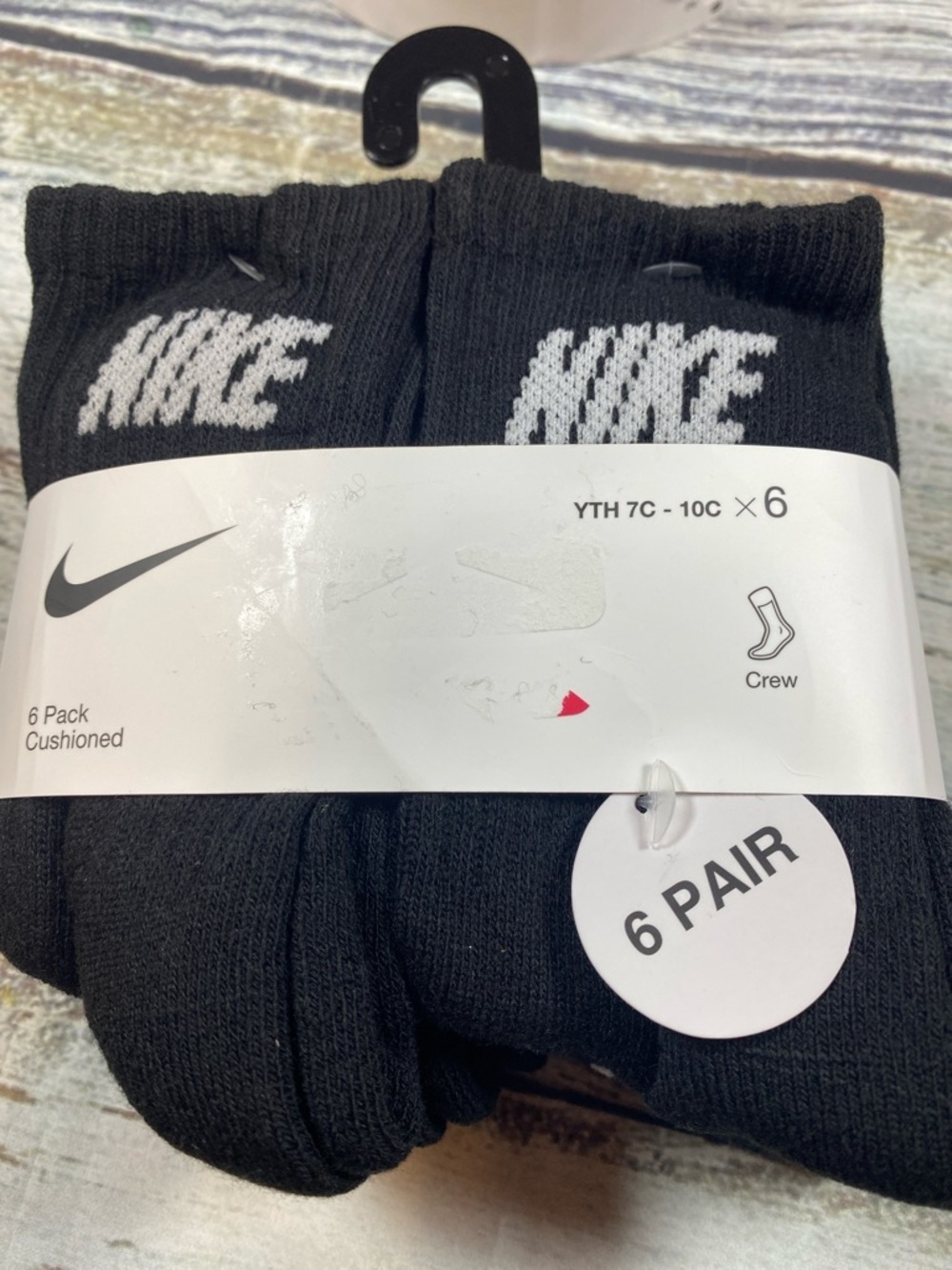 Nike Kids Crew Socks 6-Pack – Black Cushioned (Size 7C–10C) 🖤